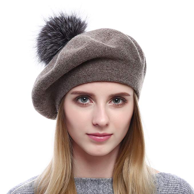 Women Wool Beret - Real Silver Fox Fur Pom Pom Beanies Winter Knit Cashmere Hats