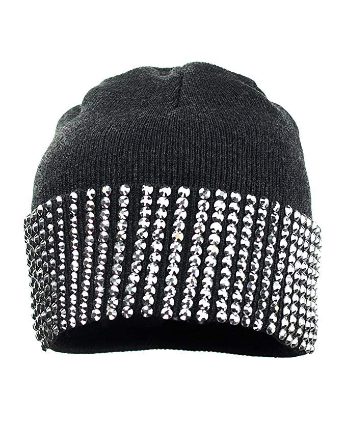 NYFASHION101 Solid Color Rhinestone Studded Winter Warm Cuff Skull Cap Beanie Hat - Dark Gray