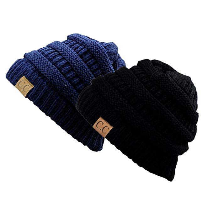 Unisex Trendy Warm Chunky Soft Stretch Cable Knit Slouchy Beanie Skully ( Gift Set of 2- Black & Navy )