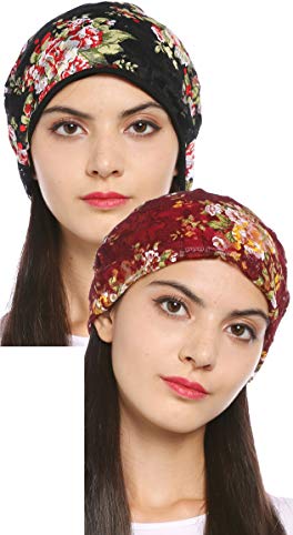 Ababalaya Women's Elegant Floral Lace Turban Cap Chemo Cancer Beanie Cap Nightcap