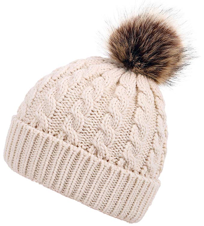 Men & Women's Winter Cable Knit Faux Fur Pom Pom Foldable Cuff Beanie Hat