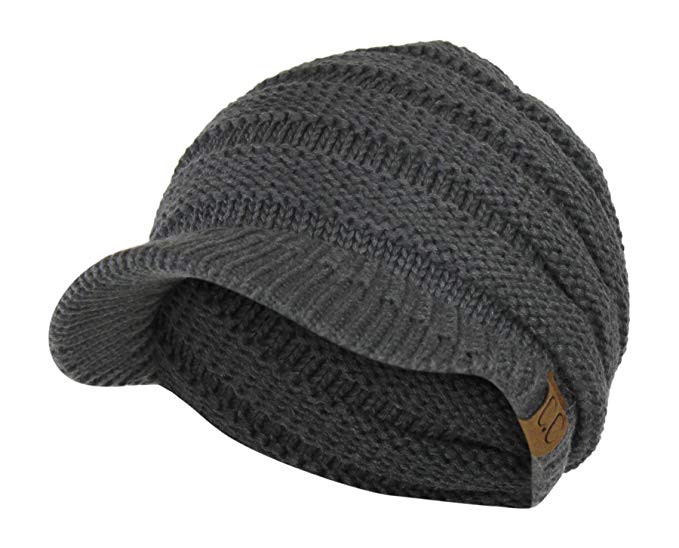 Warm Cable Ribbed Knit Beanie Hat w/ Visor Brim – Chunky Winter Skully Cap