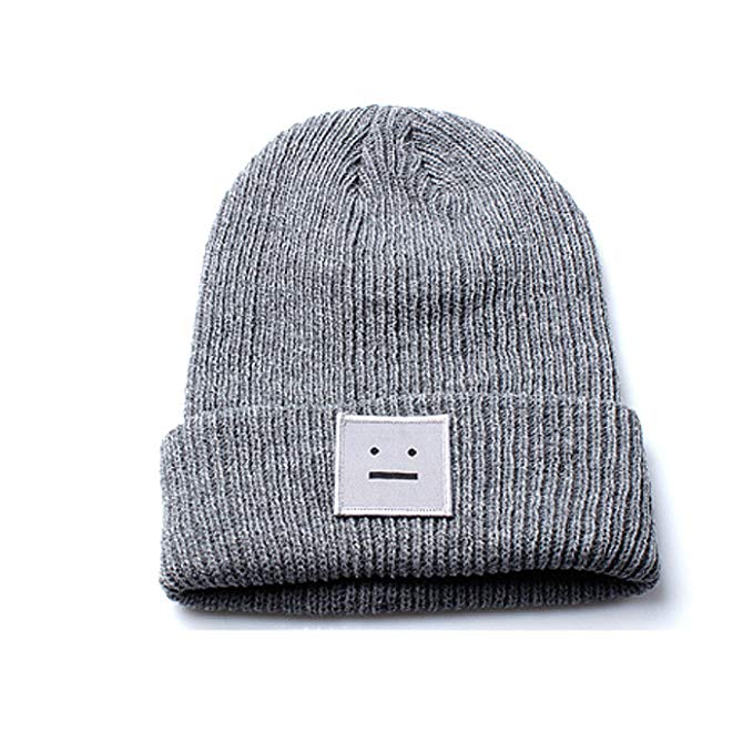 Accessoryo Unisex Grey Beanie Hat with Embroidered Smiley Face Design