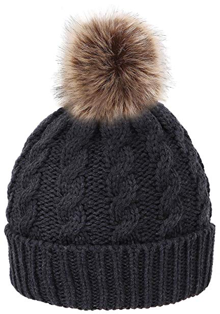 HelloAllyn Women's Cable Knit Faux Fur Pom Beanie