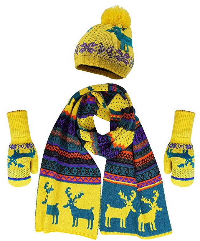 Bienvenu Women Scarf & Glove Set, Knitted Snowflake Deer Detail & Matching Cap