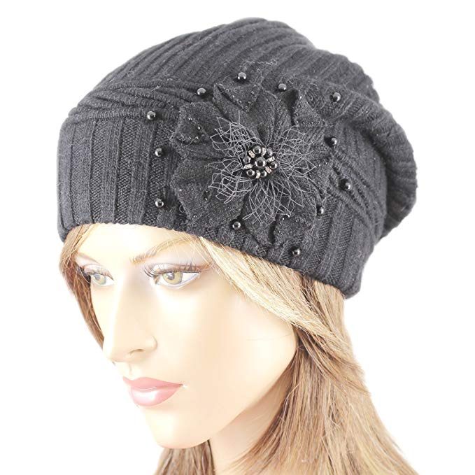 LA-EL COUTURE Womens Wool&Angora With Pearls and Rhinestones Flower Warm Beanie