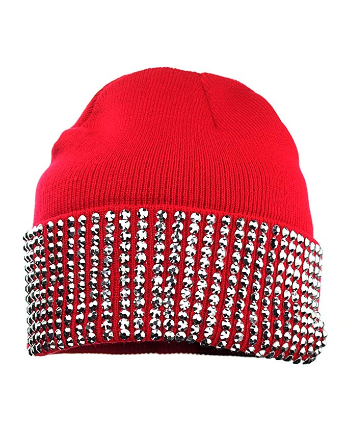 NYFASHION101 Solid Color Rhinestone Studded Winter Warm Cuff Skull Cap Beanie Hat - Red