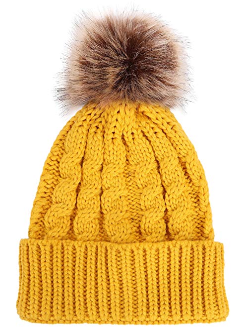 Livingston Women's Winter Soft Knitted Beanie Hat With Faux Fur Pom Pom