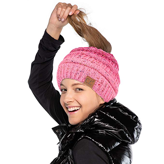 C.C Exclusives Ribbed Confetti Knit Messy Bun Beanie Tail Hat
