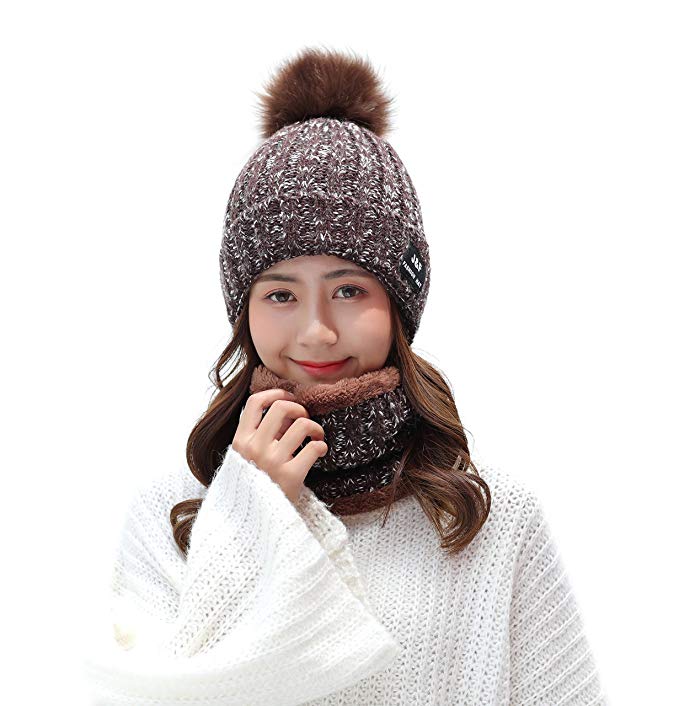 IRELIA Womens/Mens Faux Fur Warm Knitted Pom Fleece Lined Caps Beanie Scarf Set