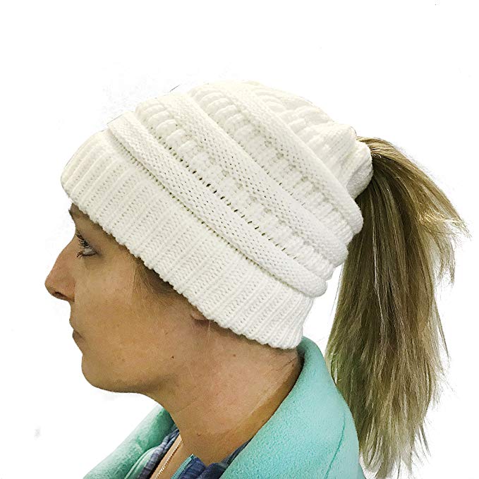 Critical One Messy Bun Beanie Hat For Women: Winter Knit Hat With Hair Hole For High Ponytail, Warm Stretchy Cap - Stylish and Soft