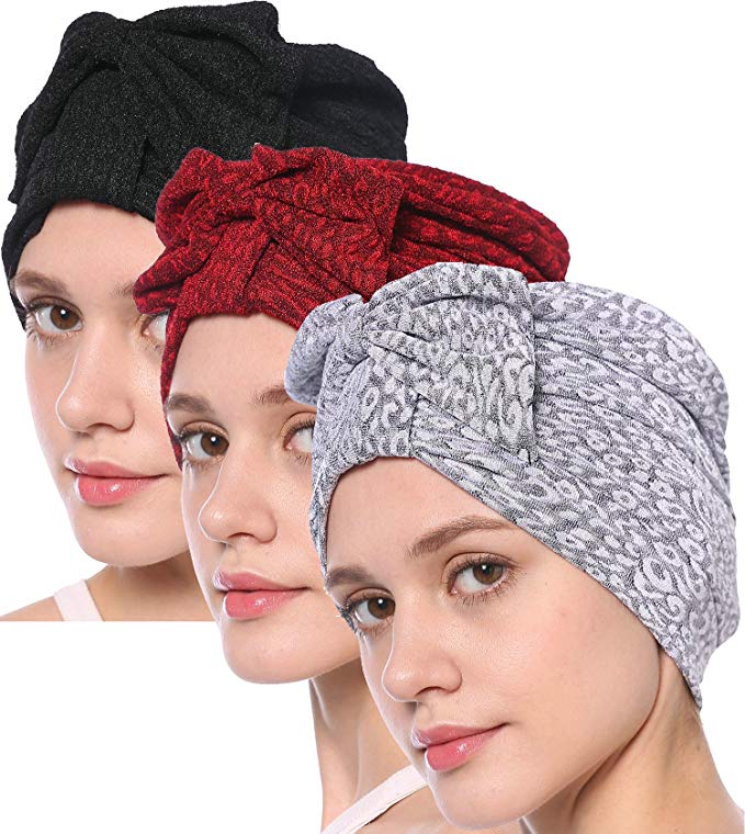 Ababalaya Women's Elegant Stretch Bow Leopard Indian Cap Muslim Turban 6 Colors