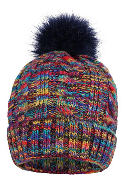 Women’s Ultra-Soft Faux Fur Pompom Multicolor Knit Winter Beanie