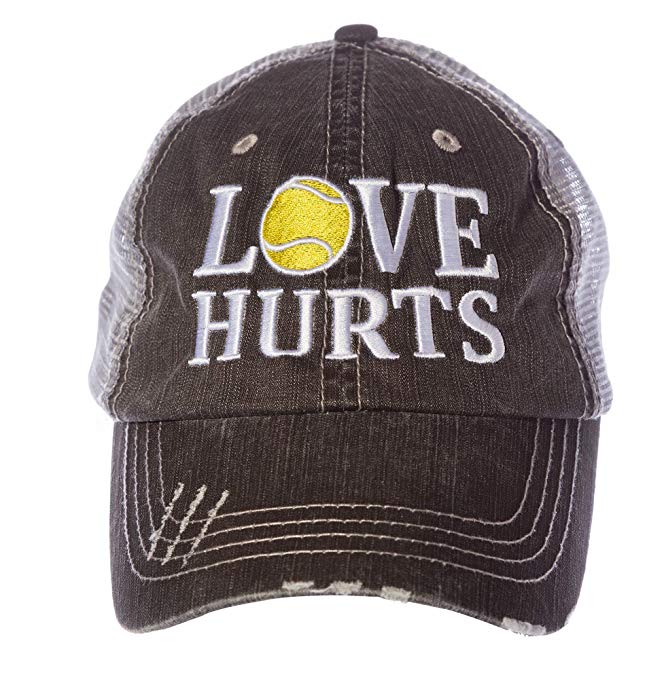 Tennis Addiction LOVE HURTS Women's Trucker Distressed Hat Cap Captain's Tennis Gift