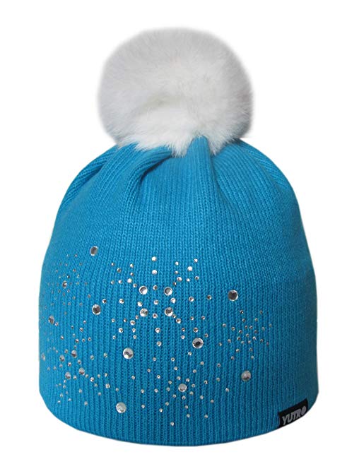 YUTRO Fashionable Women's Wool Hat with Rhinestones and Rabbit Pom One Size SKY BLUE