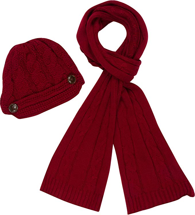 Sakkas Womens 2-piece Cable Knitted Visor Beanie Scarf and Hat Set with Button