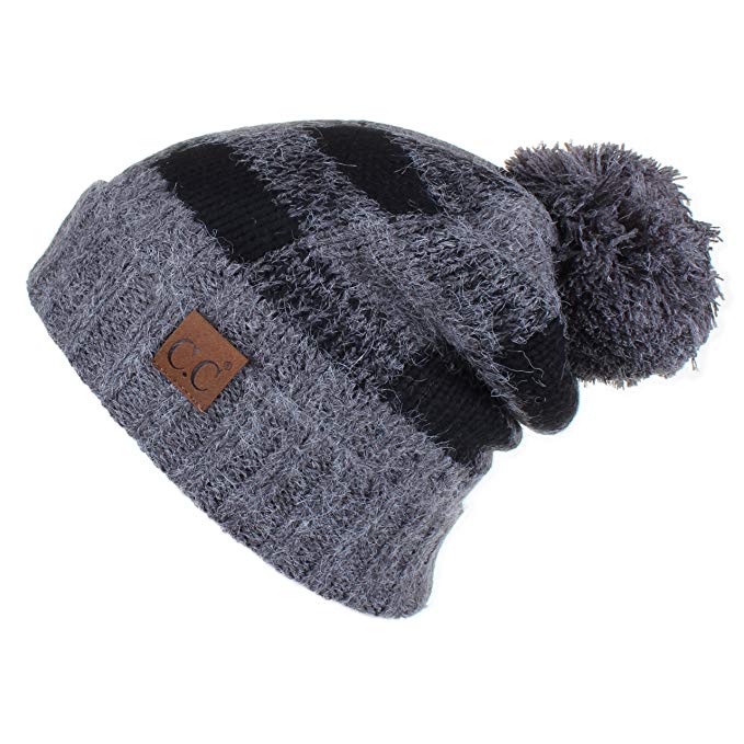 C.C Exclusives Buffalo Check Pattern Fuzzy Lined Knit Pom Beanie Hat (HAT-55)