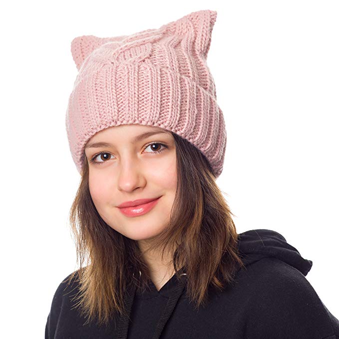 Pussy Cat Hat Women`s March-Cat Beanie Pink-Winter Hat for Women Lined with Fleece