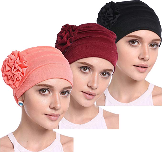 Ababalaya Women's Soft Side 3D Flower Pleated Hair Loss Chemo Beanie Muslim Headscarf Nightcap
