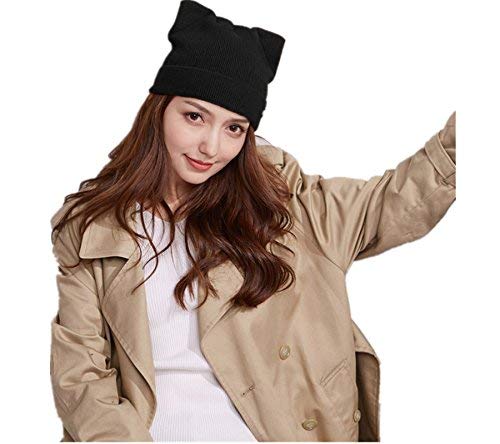 Women Cat Ear Beanie Hat Wool Braided Knit Trendy Winter Warm Cap