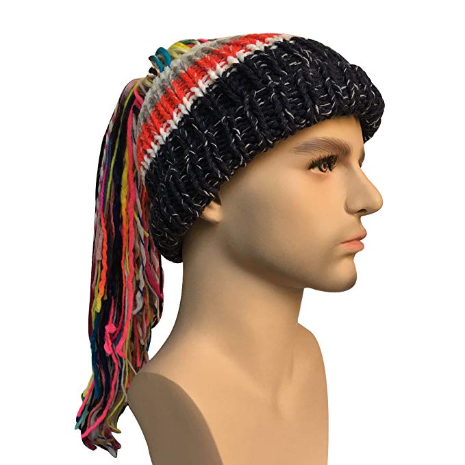 Kafeimali Men/Women Barbarian Vagabond Knit Hat Wig Ponytail Beanie Funny Caps