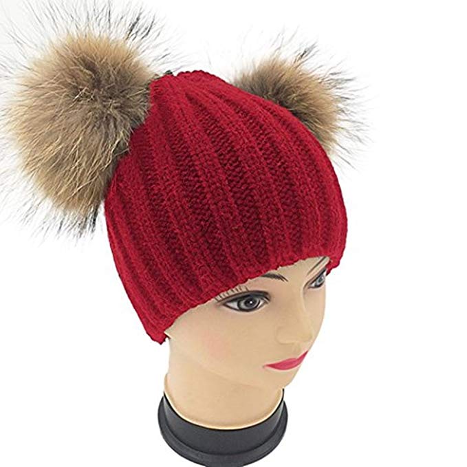 Womens Crochet Hat Raccoon Fur Double Pom Pom Bobble Beanie Warm Winter Ski Cap