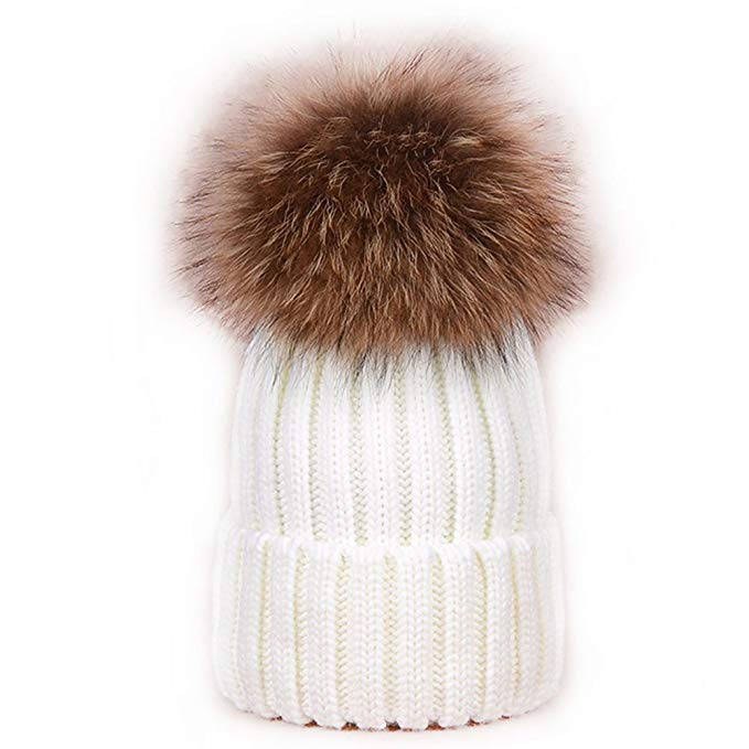 ALL IN ONE CART Women's Winter Soft Knitted Beanie Hat With Faux Fur Pom Pom