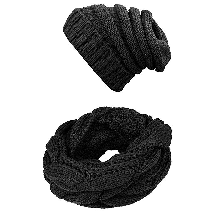 Knit Infinity Scarf Beanie Hat Set Winter Warm Scarfs Scarves Women Men Hats