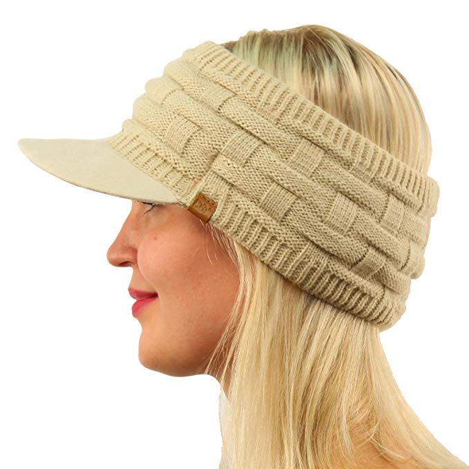 SK Hat shop Winter Open Top 2ply Thick Knit Headband Faux Suede Visor Beanie Hat Cap