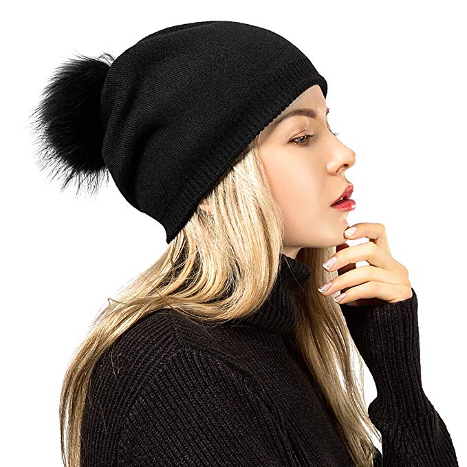 ADUO Beanie Hat Winter Warm Raccoon Fur Pom Hat Cashmere Slouchy Beanie for Women