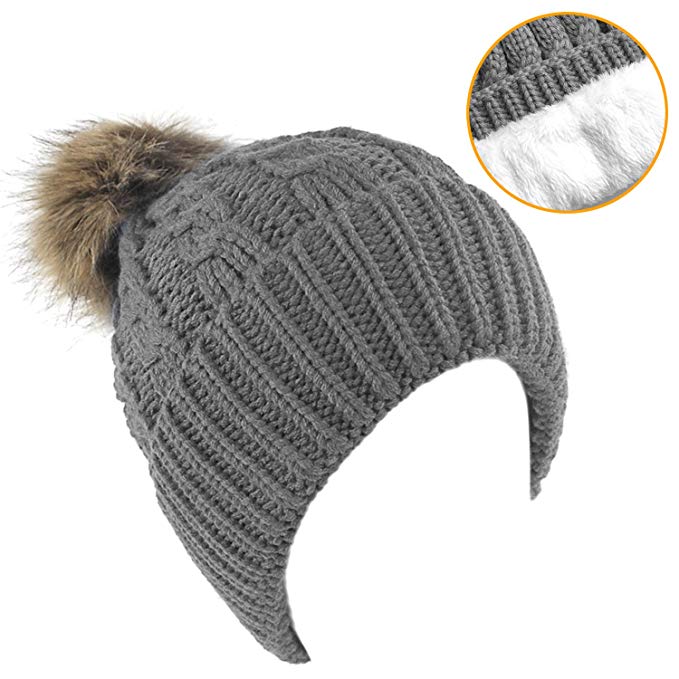 Senker Womens Winter Thick Cable Knit Faux Fur Pom Pom Beanie Hat, Warm Fleece Lined with Slouchy Bobble Hat