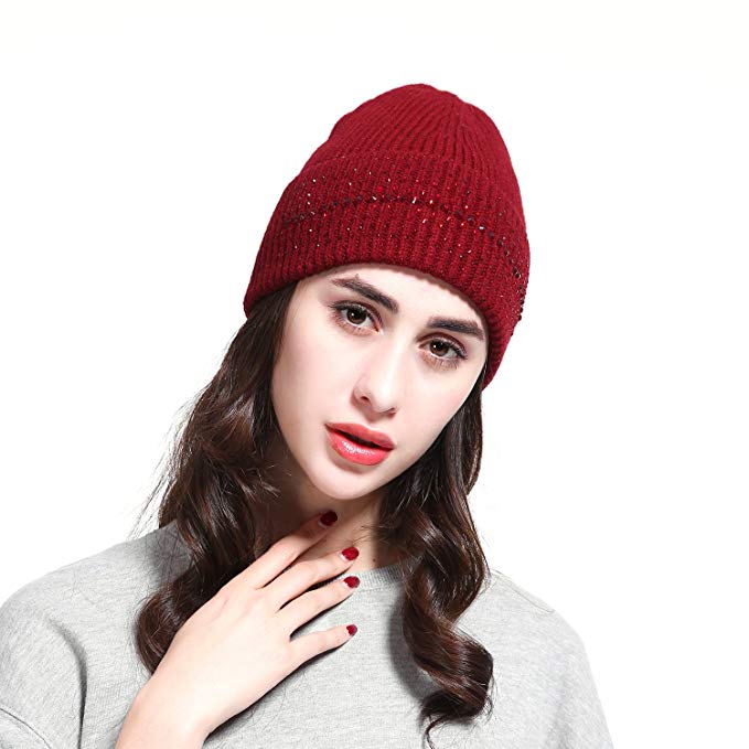 JOOWEN Women's Wool Knit Fold Over Beanie Embellished with Rhinestones Winter Hat