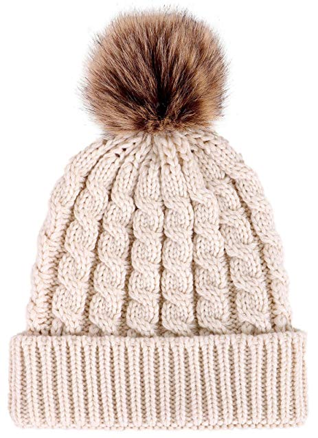 Winter Hand Knit Beanie Hat with Faux Fur Pompom