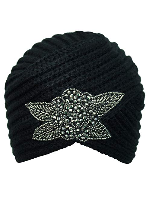 Luxury Divas Winter Knit Turban Beanie Beaded Flower