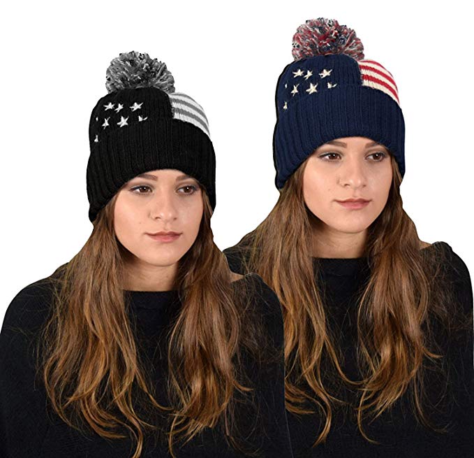Peach Couture American Flag Pom Pom Hats Beanie Skullies Value Pack Of 2 (Navy Grey)