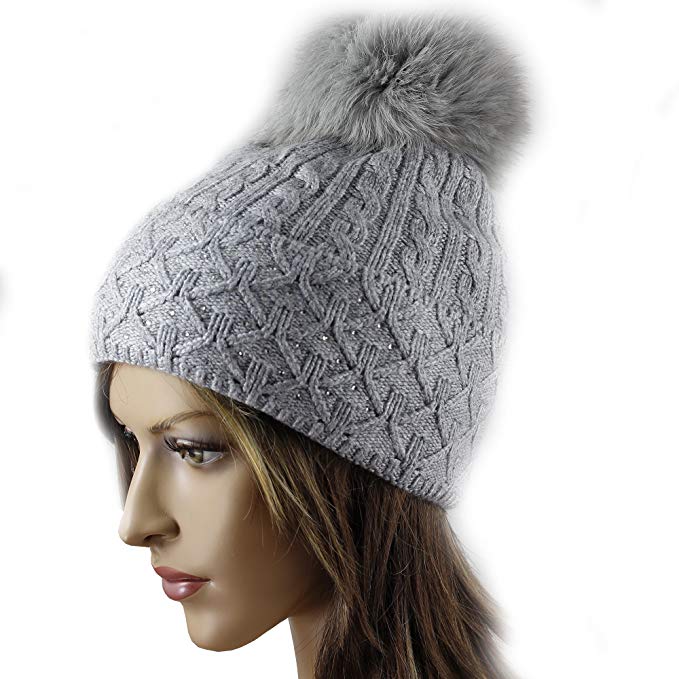 LA-EL COUTURE Women's Wool&Angora Natural-Fur Pom Beanies