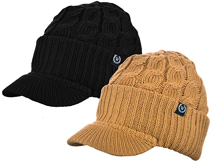 Newsboy Cable Knitted Hat with Visor Bill Winter Warm Hat for Women (Black & Tan)