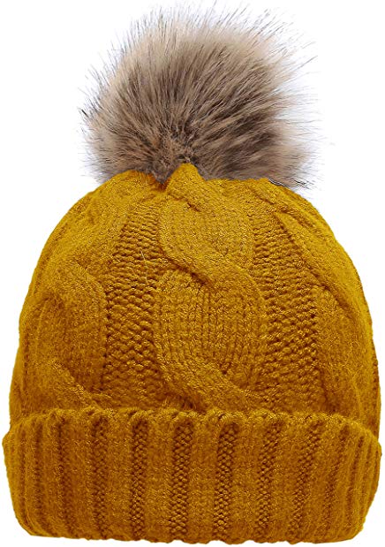 NEOSAN Women's Winter Ribbed Knit Faux Fur Pompoms Chunky Lined Beanie Hats