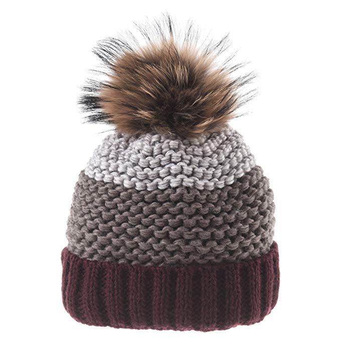 WITHMOONS Knitted Real Raccoon Fur Pom Pom Beanie Hat Wool Mohair KR5481