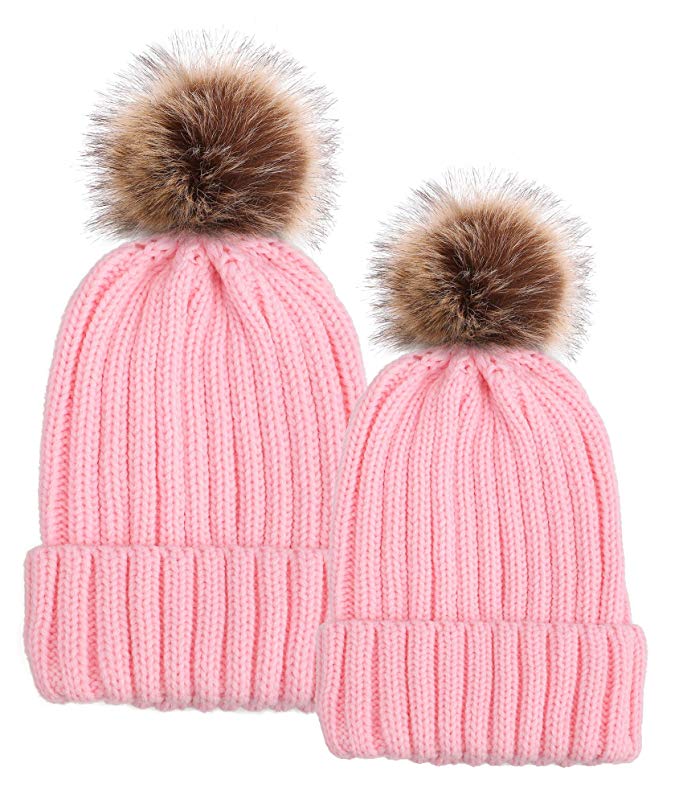 Arctic Paw Unisex Girls Children Mommy&me Cable Knit Beanie with Faux Fur Pompom