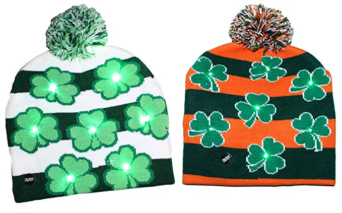 Gilbin ST. Patricks Day Irish Light Up Beanie Skull Cap With Shamrocks (2 Pack)