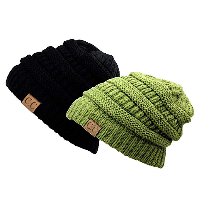 Trendy Warm Chunky Soft Stretch Cable Knit Slouchy Beanie Skully, Gift Set- Black & Olive, One Size