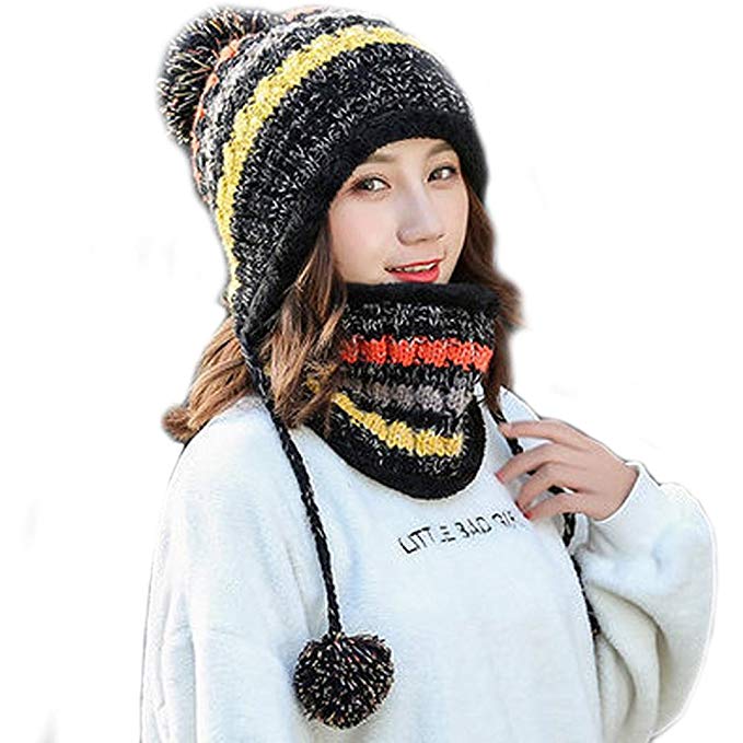 Fleece Lined Women Knit Beanie Scarf Set Girls Winter Ski Hat with ...